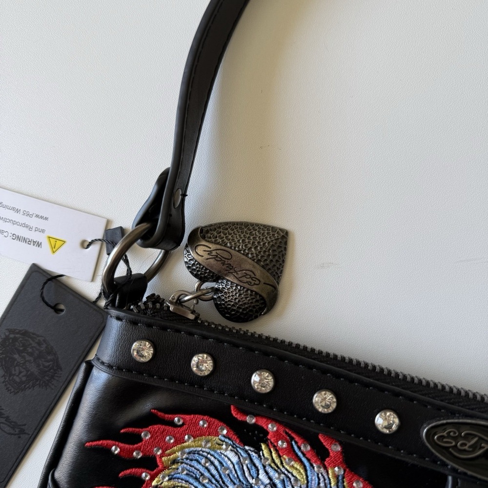 Ed Hardy Womens Shoulder Purse Bag Horses Tattoo Dead Alive Studs Black NWT Y2K - Picture 4 of 8